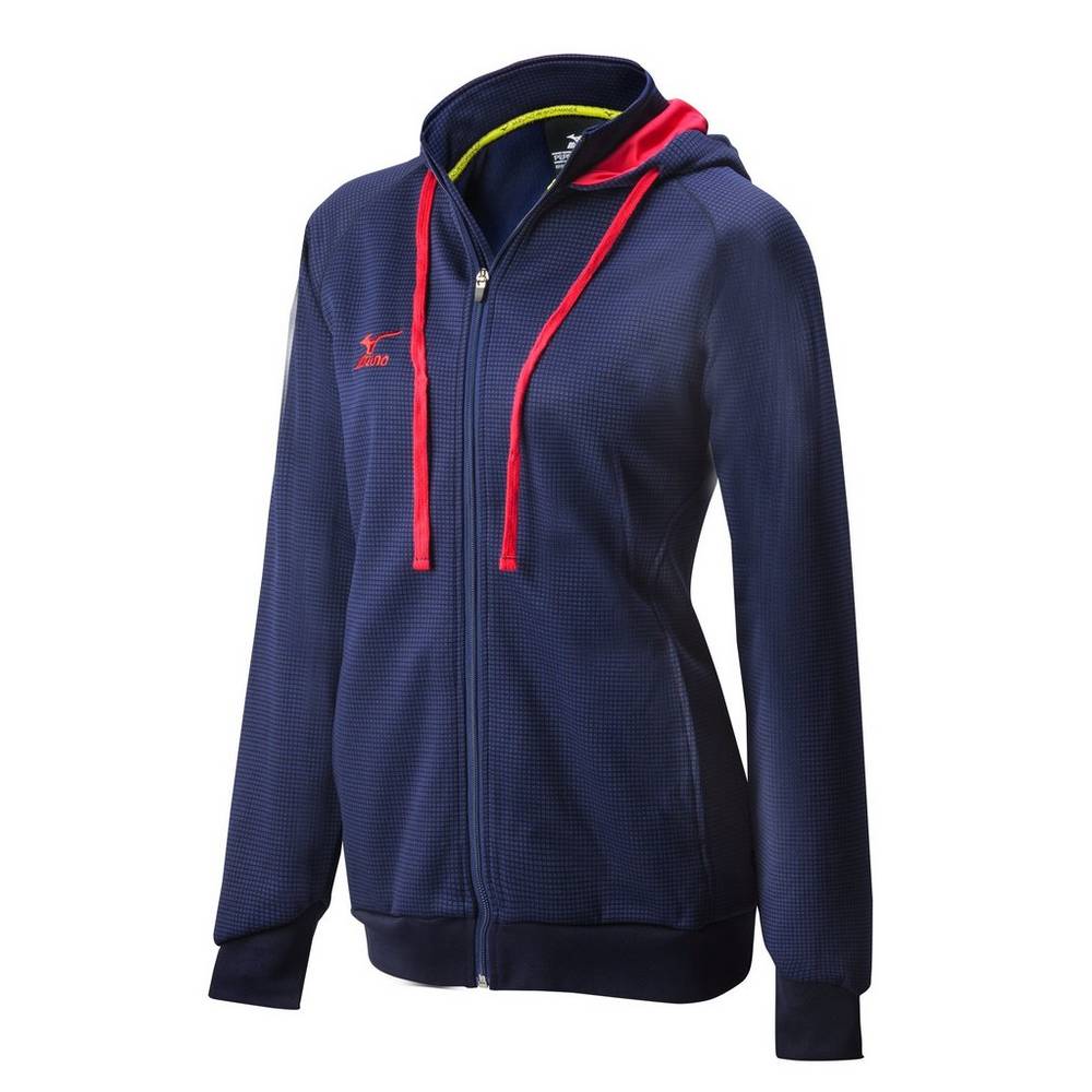 Felpa Con Cappuccio Mizuno Pro Full Cerniera Hoody Donna - Blu Marino/Rosse - 95421-CVMB